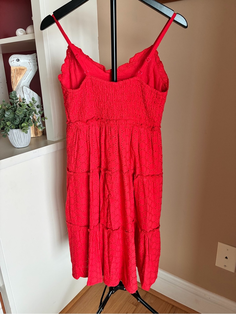 Sim & Sam S Red Eyelet Tiered Spaghetti Strap Sundress Smocked Back Pockets - Picture 2 of 12